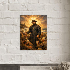 Father Damien among lepers and ocean light metal print mockup