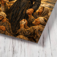 Father Damien among lepers and ocean light metal print mockup