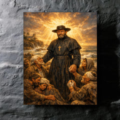 Father Damien among lepers and ocean light metal print mockup