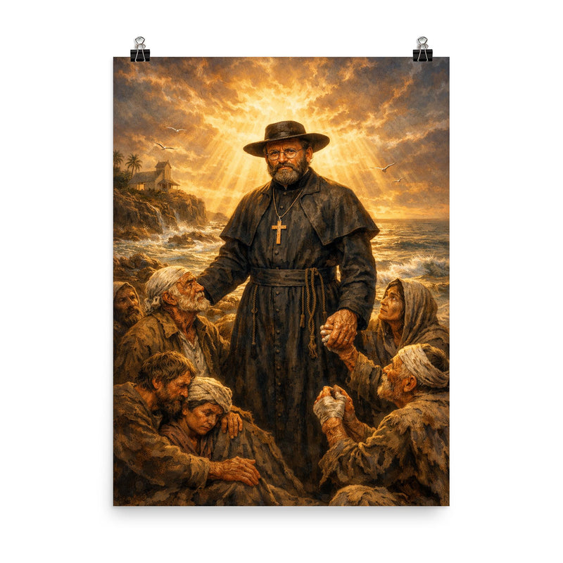 Father Damien among lepers and ocean light poster on a plain backdrop in size 8