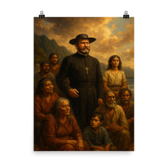 Father Damien among Molokai exiles poster on a plain backdrop in size 8"x10".