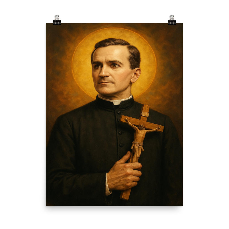 Father Michael J McGivney poster on a plain backdrop in size 8