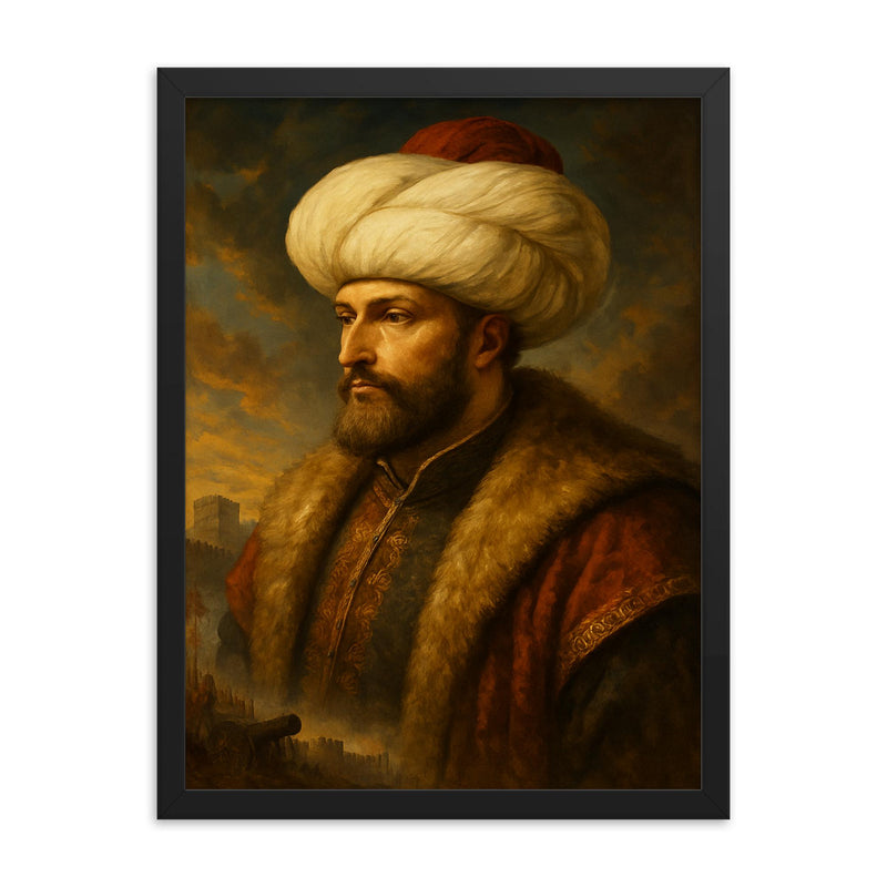 Fatih Sultan Mehmet framed print on a plain backdrop in size 18