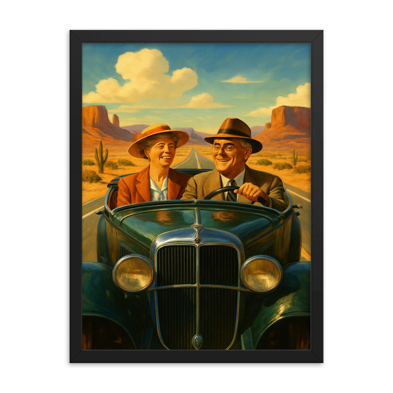 FDR and Eleanor Roosevelt in a vintage convertible on a desert highway road trip framed print on a plain backdrop in size 18