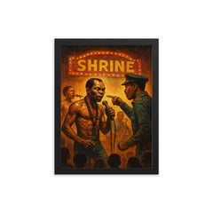 Fela Kuti shrine stage confrontation scene framed print on a plain backdrop in size 12"x16".
