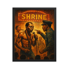 Fela Kuti shrine stage confrontation scene framed print on a plain backdrop in size 16"x20".