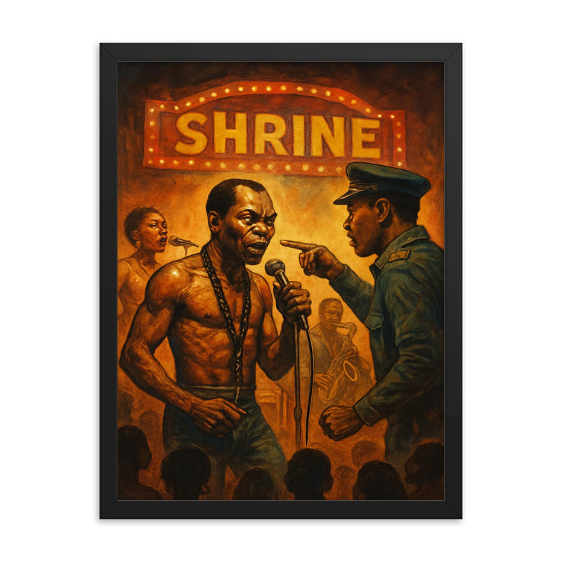 Fela Kuti shrine stage confrontation scene framed print on a plain backdrop in size 18