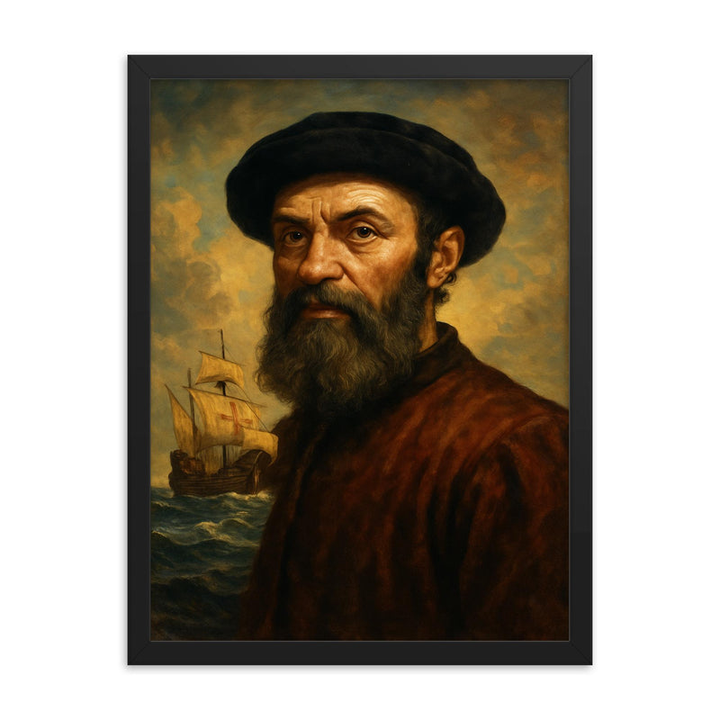 Ferdinand Magellan framed print on a plain backdrop in size 18