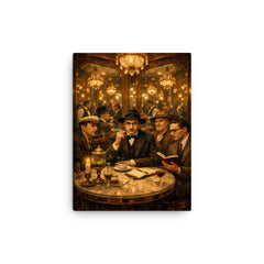 Fernando Pessoa and heteronyms in mirrored café canvas print on a plain backdrop in size 12"x16".