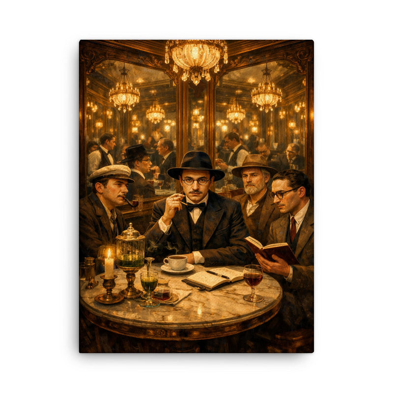 Fernando Pessoa and heteronyms in mirrored café canvas print on a plain backdrop in size 18