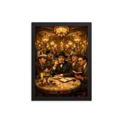 Fernando Pessoa and heteronyms in mirrored café framed print on a plain backdrop in size 12"x16".
