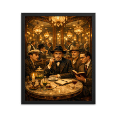 Fernando Pessoa and heteronyms in mirrored café framed print on a plain backdrop in size 16"x20".