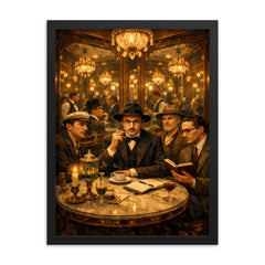 Fernando Pessoa and heteronyms in mirrored café framed print on a plain backdrop in size 18"x24".