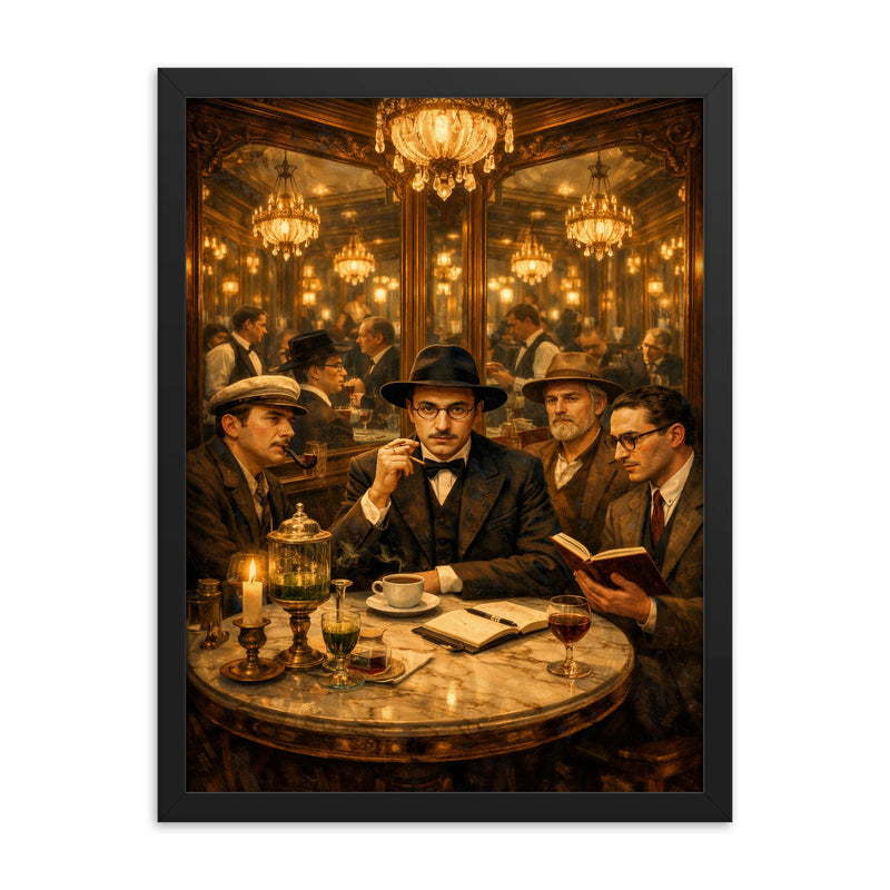 Fernando Pessoa and heteronyms in mirrored café framed print on a plain backdrop in size 18