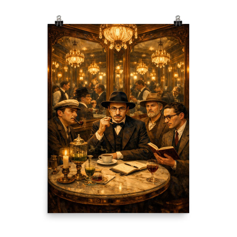 Fernando Pessoa and heteronyms in mirrored café poster on a plain backdrop in size 8