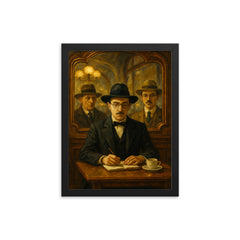 Fernando Pessoa with heteronyms in café mirrors framed print on a plain backdrop in size 12"x16".