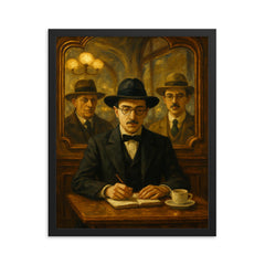 Fernando Pessoa with heteronyms in café mirrors framed print on a plain backdrop in size 16"x20".