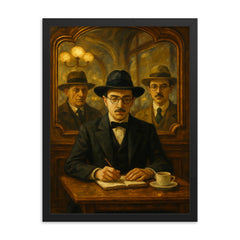 Fernando Pessoa with heteronyms in café mirrors framed print on a plain backdrop in size 18"x24".