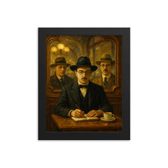Fernando Pessoa with heteronyms in café mirrors framed print on a plain backdrop in size 8"x10".