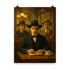 Fernando Pessoa with heteronyms in café mirrors poster on a plain backdrop in size 8"x10".