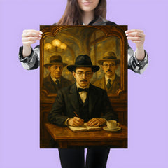 Fernando Pessoa with heteronyms in café mirrors poster 3