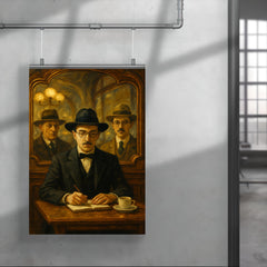 Fernando Pessoa with heteronyms in café mirrors poster 4