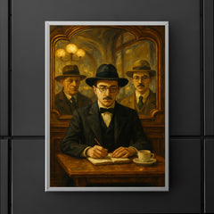 Fernando Pessoa with heteronyms in café mirrors poster 5