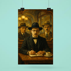Fernando Pessoa with heteronyms in café mirrors poster 6