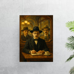 Fernando Pessoa with heteronyms in café mirrors poster 7