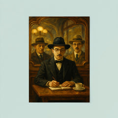 Fernando Pessoa with heteronyms in café mirrors poster 8