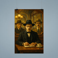 Fernando Pessoa with heteronyms in café mirrors poster 9