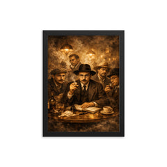 Fernando Pessoa with heteronyms in smoky cafe framed print on a plain backdrop in size 12"x16".