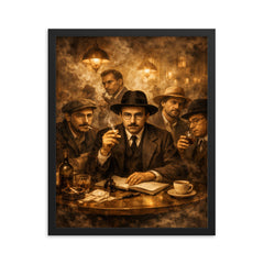 Fernando Pessoa with heteronyms in smoky cafe framed print on a plain backdrop in size 16"x20".