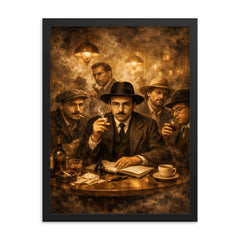 Fernando Pessoa with heteronyms in smoky cafe framed print on a plain backdrop in size 18"x24".