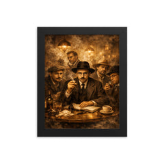 Fernando Pessoa with heteronyms in smoky cafe framed print on a plain backdrop in size 8"x10".