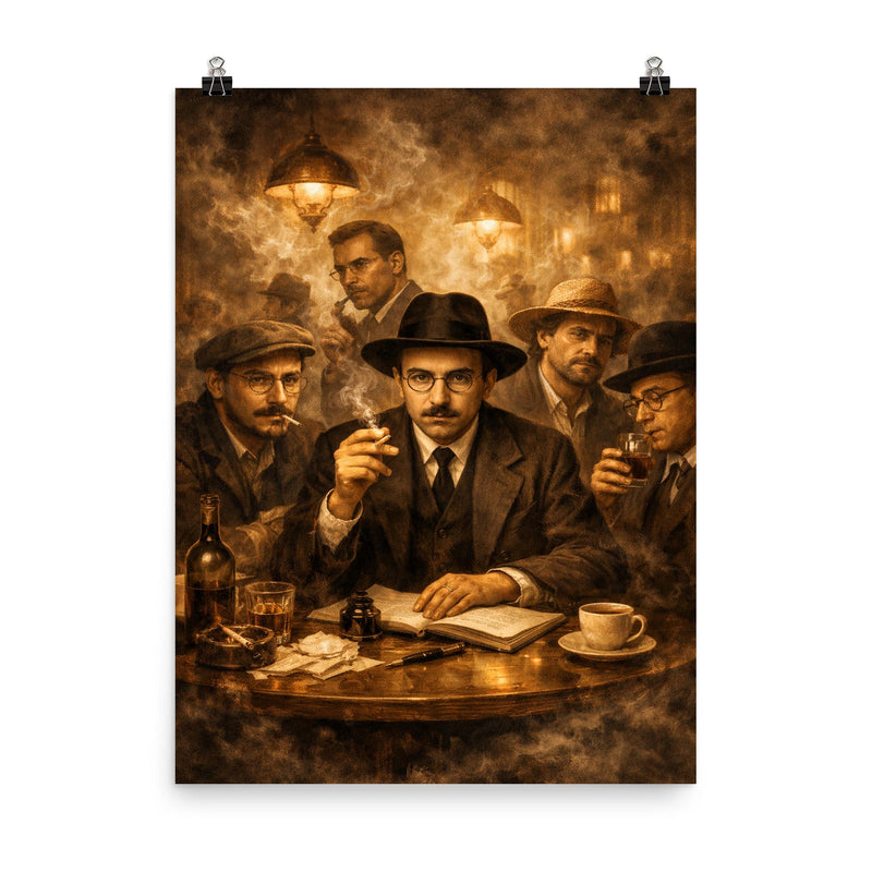 Fernando Pessoa with heteronyms in smoky cafe poster on a plain backdrop in size 8