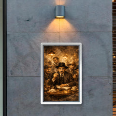 Fernando Pessoa with heteronyms in smoky cafe poster 2