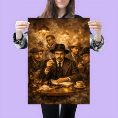 Fernando Pessoa with heteronyms in smoky cafe poster 3