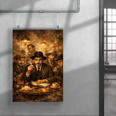 Fernando Pessoa with heteronyms in smoky cafe poster 4