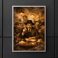 Fernando Pessoa with heteronyms in smoky cafe poster 5
