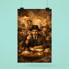 Fernando Pessoa with heteronyms in smoky cafe poster 6