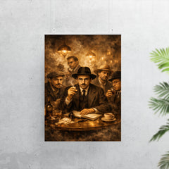 Fernando Pessoa with heteronyms in smoky cafe poster 7