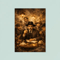 Fernando Pessoa with heteronyms in smoky cafe poster 8