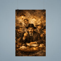 Fernando Pessoa with heteronyms in smoky cafe poster 9