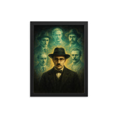 Fernando Pessoa with spectral heteronyms framed print on a plain backdrop in size 12"x16".