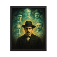 Fernando Pessoa with spectral heteronyms framed print on a plain backdrop in size 16"x20".