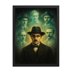 Fernando Pessoa with spectral heteronyms framed print on a plain backdrop in size 18"x24".