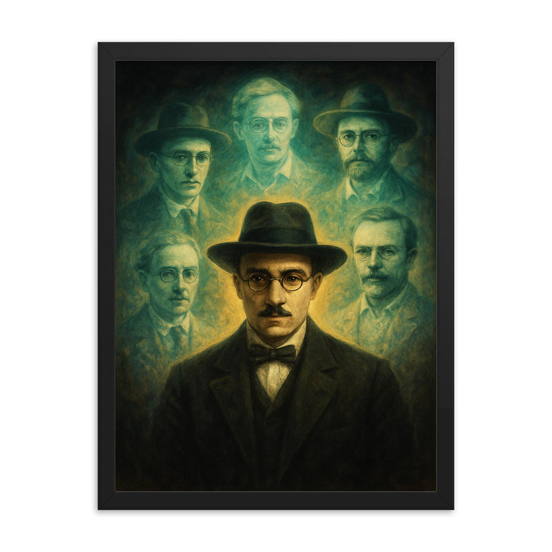 Fernando Pessoa with spectral heteronyms framed print on a plain backdrop in size 18