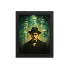 Fernando Pessoa with spectral heteronyms framed print on a plain backdrop in size 8"x10".