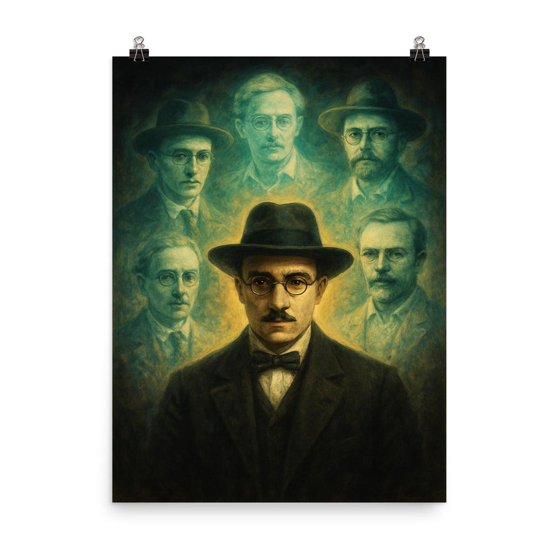 Fernando Pessoa with spectral heteronyms poster on a plain backdrop in size 8